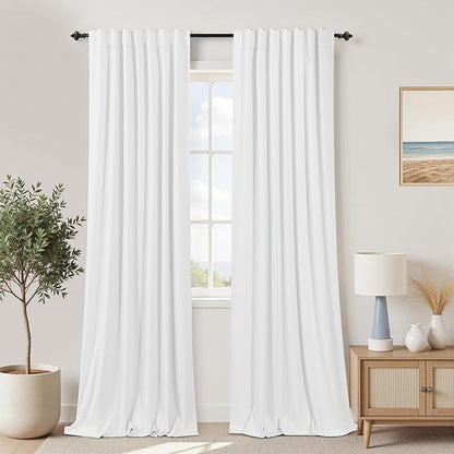 KOUFALL 86 Inch Length White Back Tab Linen Blackout Curtains - Image 9