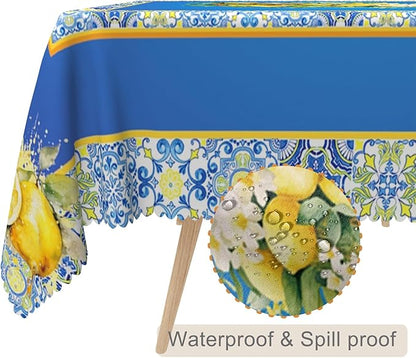 70x108inches Blue and Yellow Rectangle Tablecloth Summer Fruit Lemon Boho - Image 2