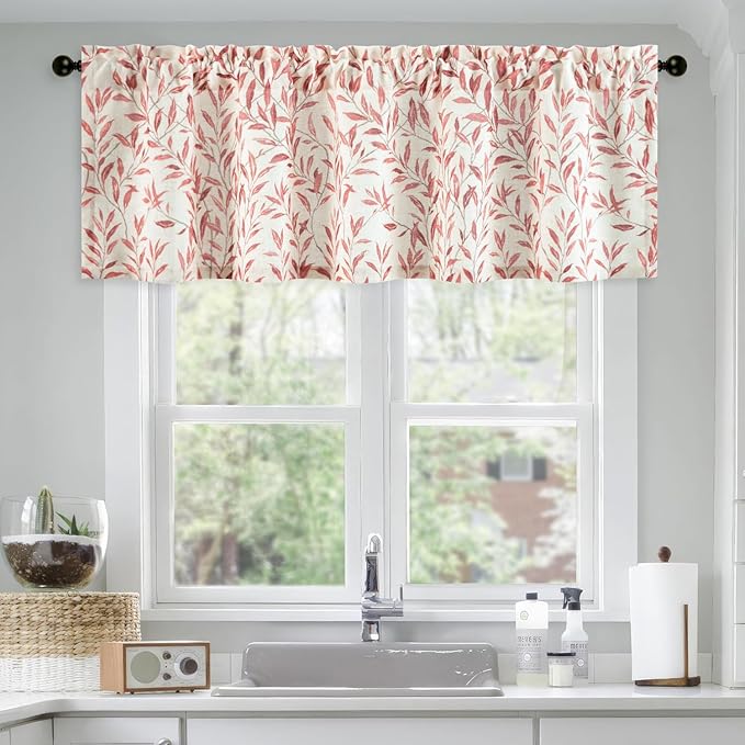 Leeva Faux Linen Leaves Print Kitchen Valances by Leeva