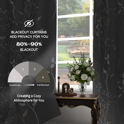 gray leaves blackout curtains 63 inch length, room, side view