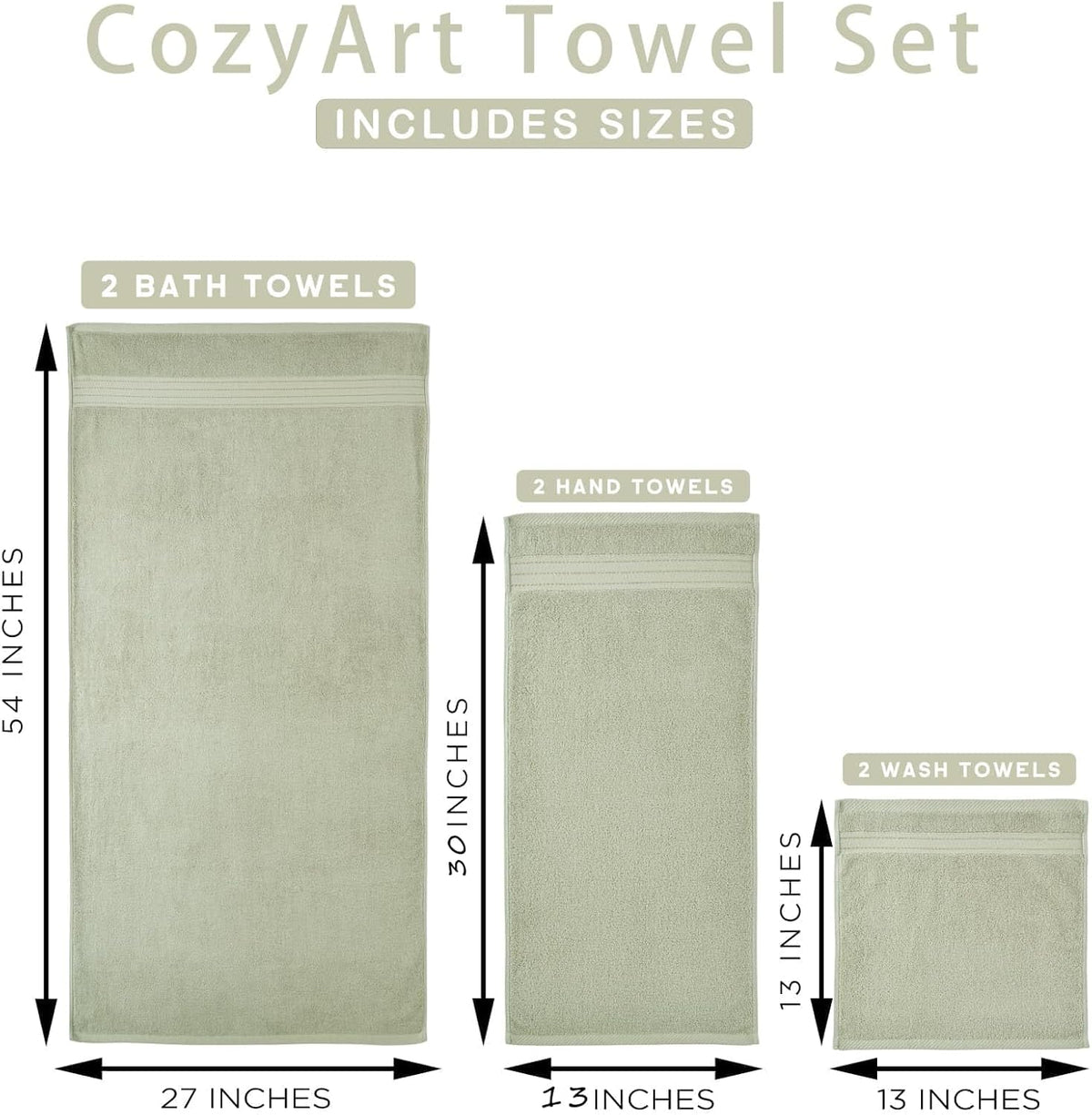 cozyart luxury bath towel set 6 pcs, sage showing dimensions