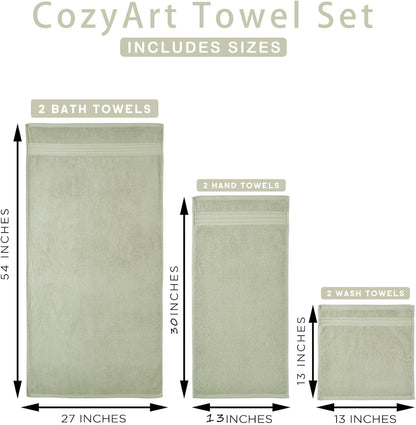 cozyart luxury bath towel set 6 pcs, sage showing dimensions