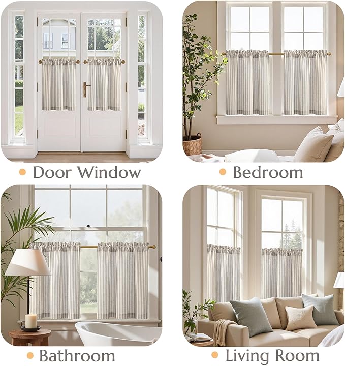jinchan Striped Linen Kitchen Curtains 24 Inches Tier Curtains Farmhouse Modern - Image 4