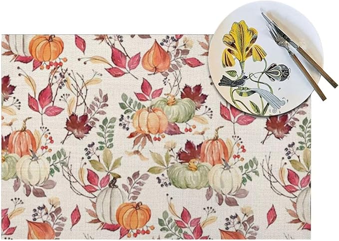 Fall Placemats Set of 4, Pumpkin Maple Leaf Flower Decorative Table Mat 12 x 18 - Image 5