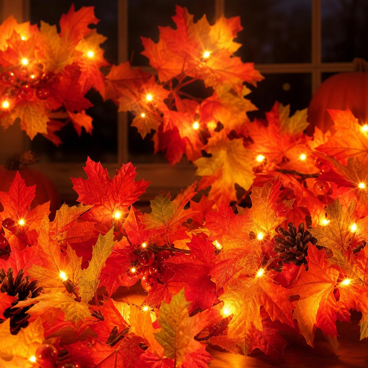 Fall Decorations Lighted Fall Garland with Pinecones and Berries, 9FT 50 Incandescent Bulb UL Certified Connectable Lush and Thicker Fall Garland with Lights for Halloween Thanksgiving Decor(2Packs)