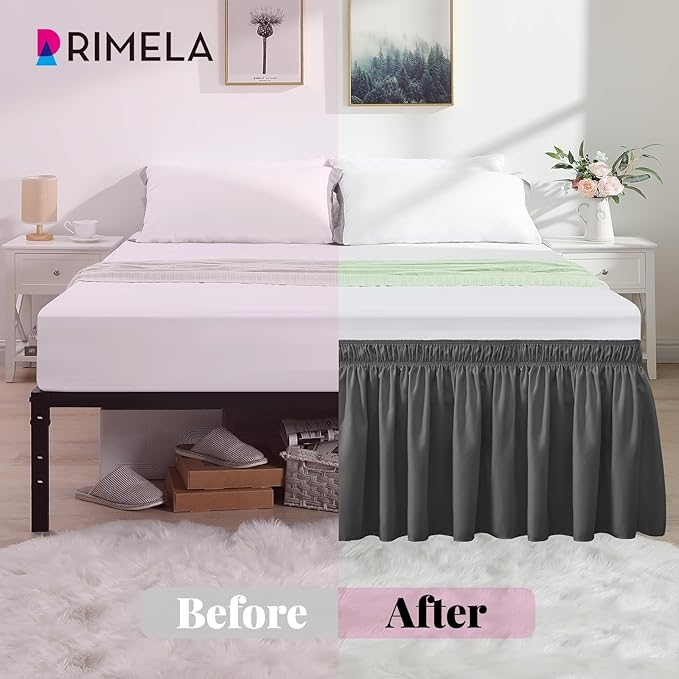 RIMELA King Grey Bed Skirt Wrap Around Elastic Dust Ruffles Solid Color Wrinkle - Image 5