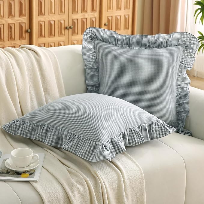 Blue/White Plaid Ruffle Throw Pillow Covers Vintage Checkered Gingham 20"x20" - Image 2