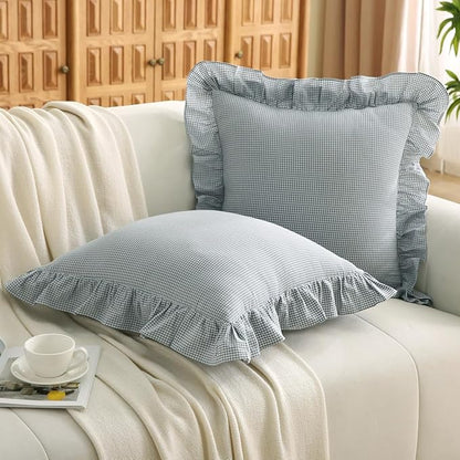 Blue/White Plaid Ruffle Throw Pillow Covers Farmhouse Checkered Gingham 18"x18" by Silnuo