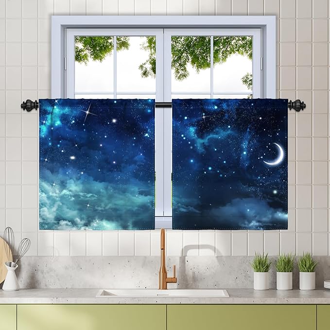 Renaiss 26 x 36 Inch Galaxy Small Kitchen Tier Curtains Space Nebula Cafe Half by Renaiss