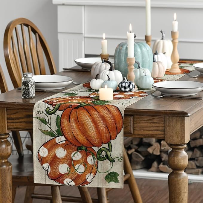 Artoid Mode Polka Dot Pumpkins Vine Wood 210 GSM Fall Table Runner, Seasonal - Image 3