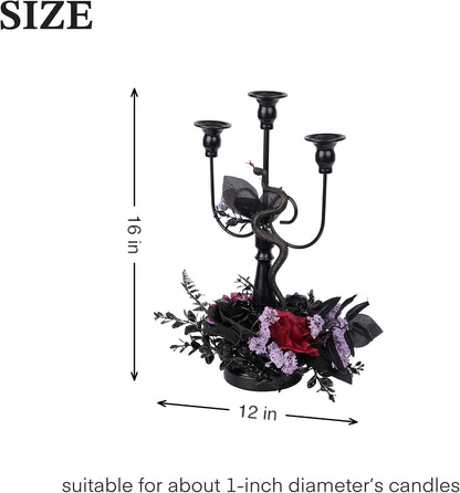Halloween Candle Holder, 3 Arms Metal Candelabra, Black Candlestick Holder, Gothic Spooky Halloween Decor for Coffee Table/Dining Table Centerpiece, 18" Height