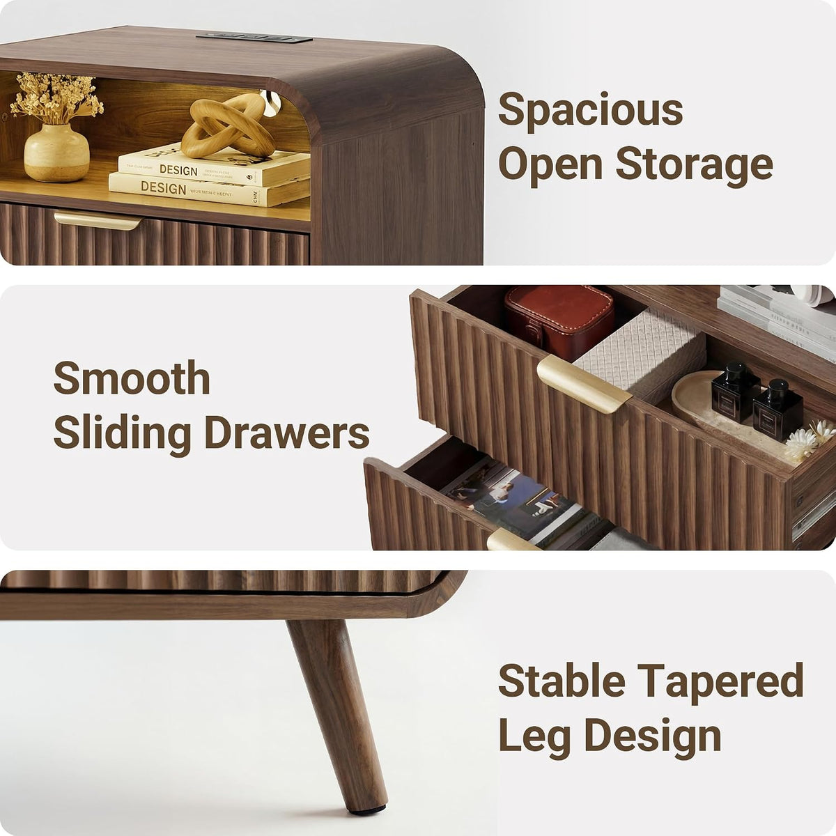 24" curved nightstand with charging station & led showing dimensions