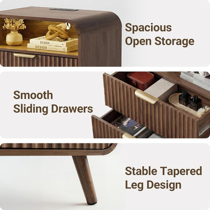 24" curved nightstand with charging station & led showing dimensions