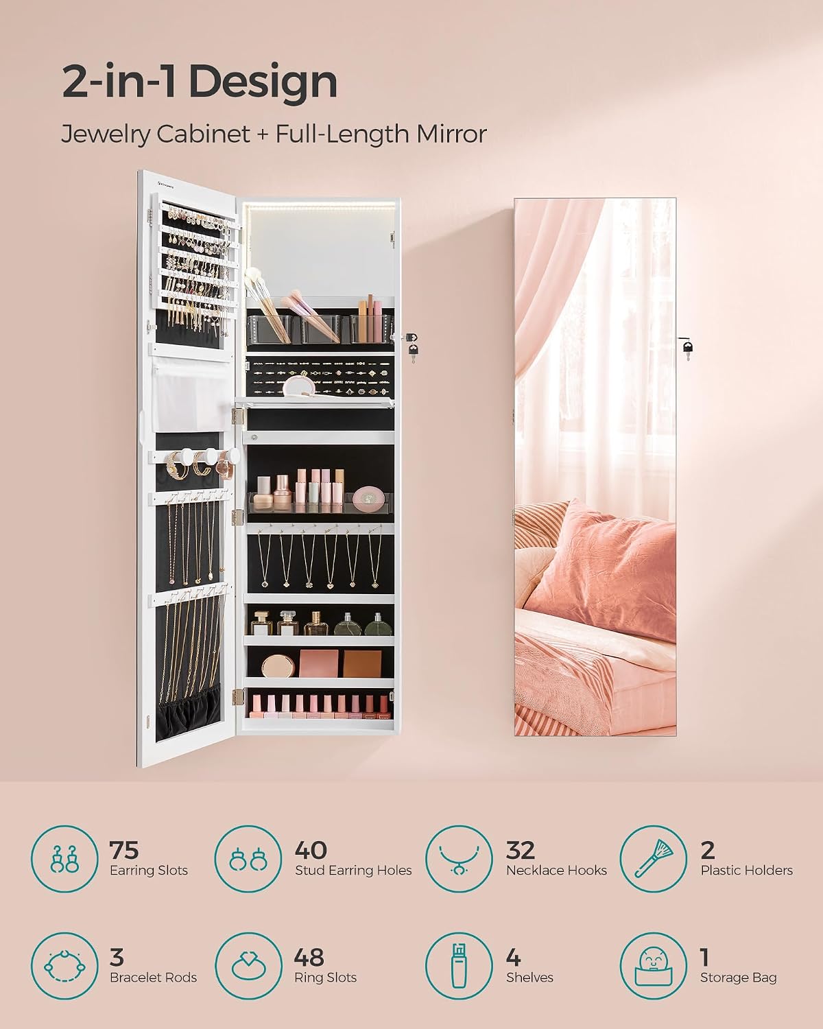 songmics jewelry cabinet armoire with mirror, wall or showing dimensions