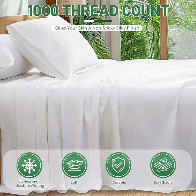 1000 Thread Count Egyptian Cotton Sheets Queen Size Set 4PCS Sateen Weave Soft - Image 2