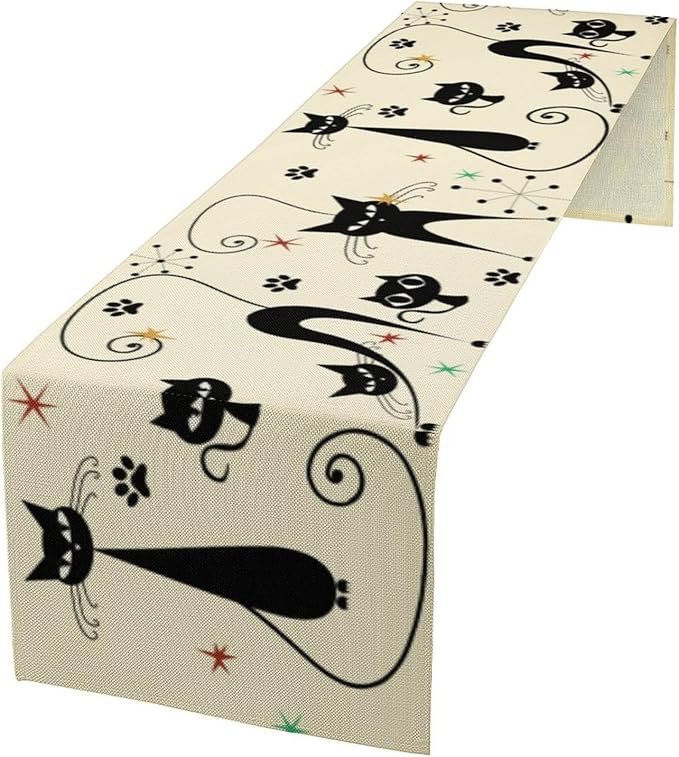Mid Century Table Runner Minimalist Funny Black Cat Claws Retro Abstract by ShiTingYu