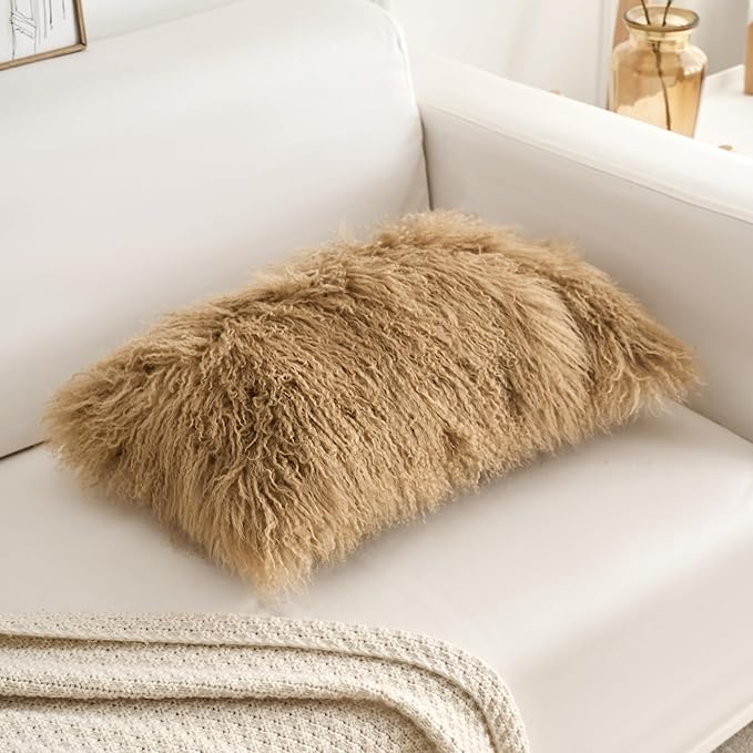 Genuine Mongolian Lamb Fur Pillow Cover – 12"x20" Rectangular Cushion Case – - Image 4