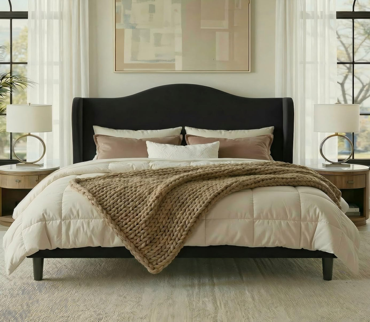 allewie king size bed frame, plush velvet wingback, close-up detail