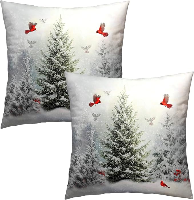 Winter Snowy Pine Tree Throw Pillow Covers 16x16 inch Set of 2 Xmas Red - Image 2