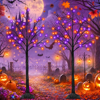 2 Pack 4FT Halloween Lighted Black Tree with 100 LED Orange & Purple Lights