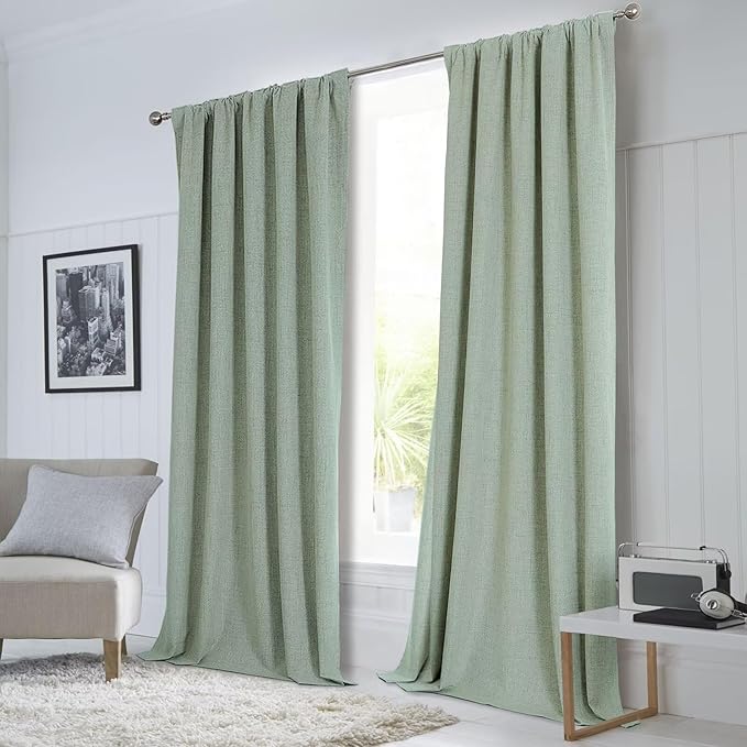 CUCRAF Custom Linen 100% Total Blackout Curtains, Sage Green Back Tab and Rod - Image 8