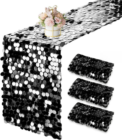 3 Packs Black Sequin Table Runner 12 x 108 Inch Glitter Rectangle Big Sequin Table Runner for Wedding Party Birthday Christmas Halloween Decoration
