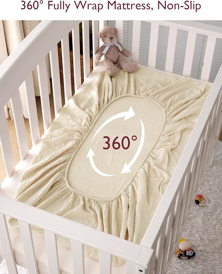 Momcozy Muslin Standard Fitted Crib Sheets, 2 Pack Soft Breathable Natural - Image 6