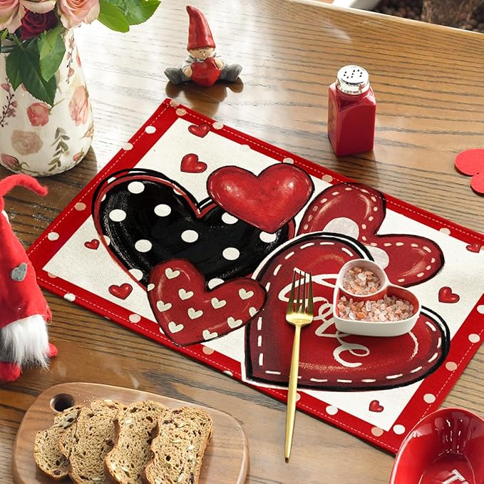 Artoid Mode Red Dot Heart Love Valentine Placemats Set of 4, 12x18 Inch Wedding - Image 3