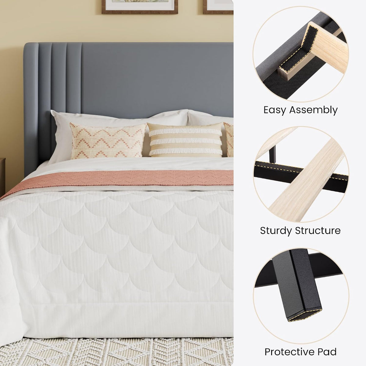 sha cerlin king velvet upholstered bed frame, wingback on a desk or shelf
