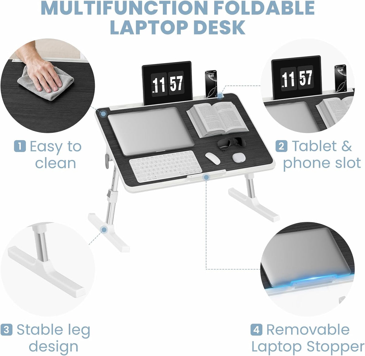 adjustable lap desk, foldable laptop desk for bed showing dimensions
