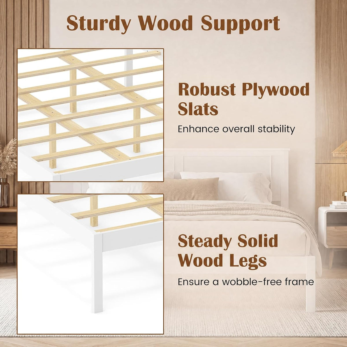 komfott queen size bed frame, farmhouse wooden platform showing dimensions