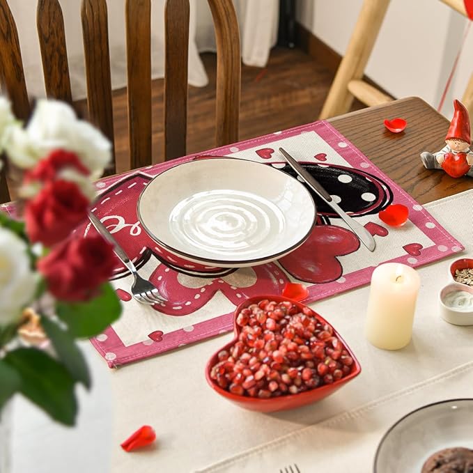 Artoid Mode Dot Hearts Love Pink Valentine's Placemats Set of 4, 12x18 Inch - Image 7