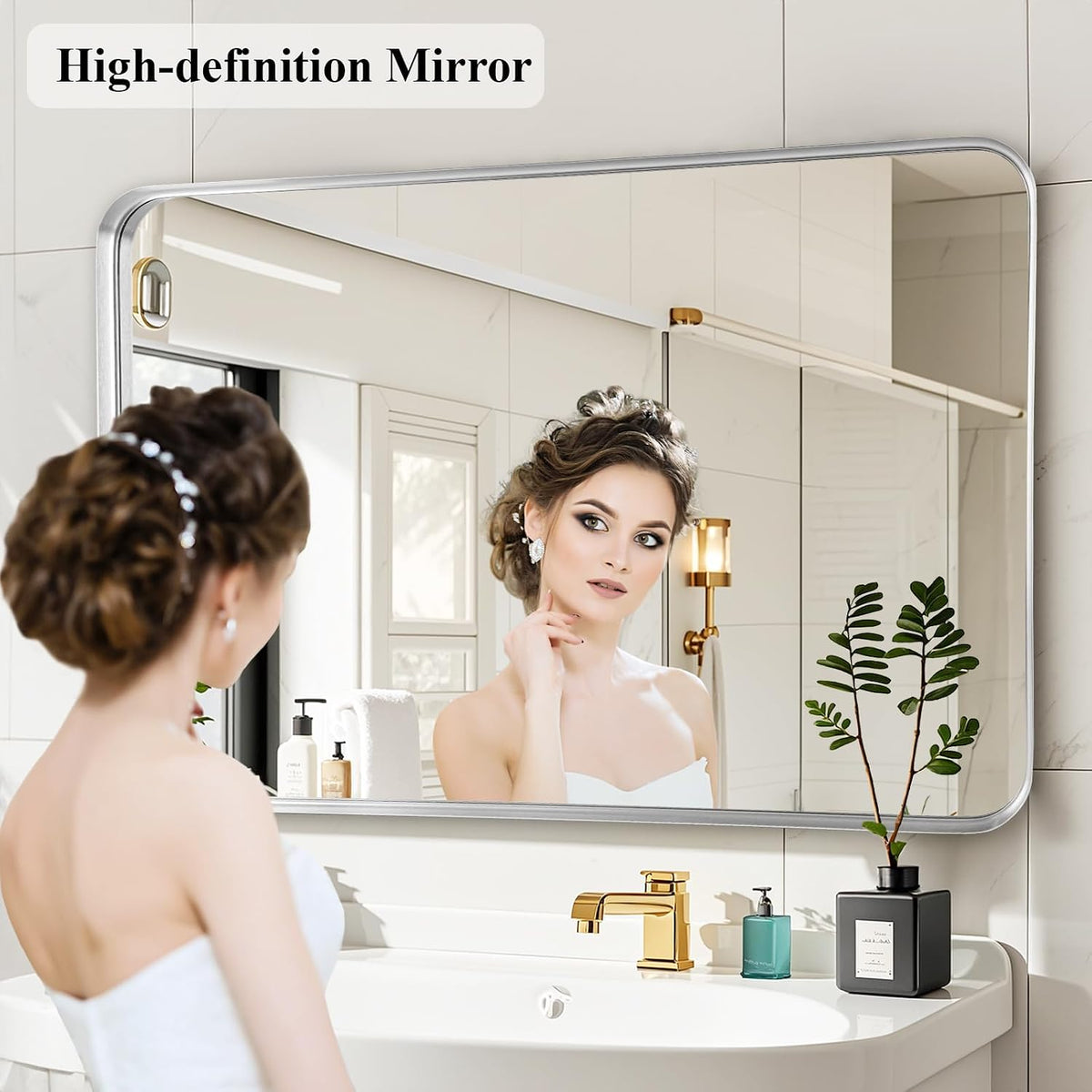 silver bathroom vanity mirror over sink 30x40, large shown in use