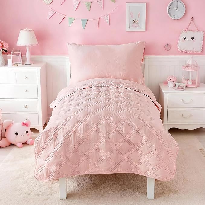 4 Piece Toddler Bedding Set for Girls Pink Geometric Stitched Soft Microfiber - Image 8