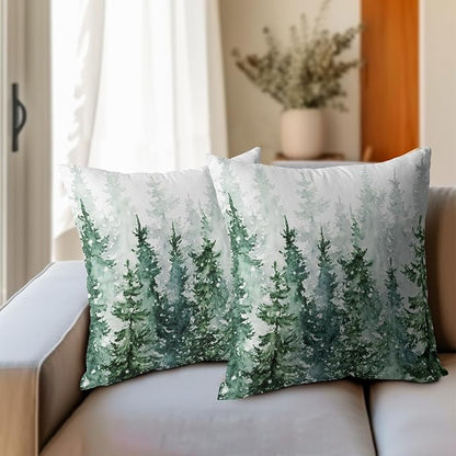 Winter Forest Pillow Covers 20x20 Inch 2Pcs Watercolor Green Misty Pine Tree - Image 6