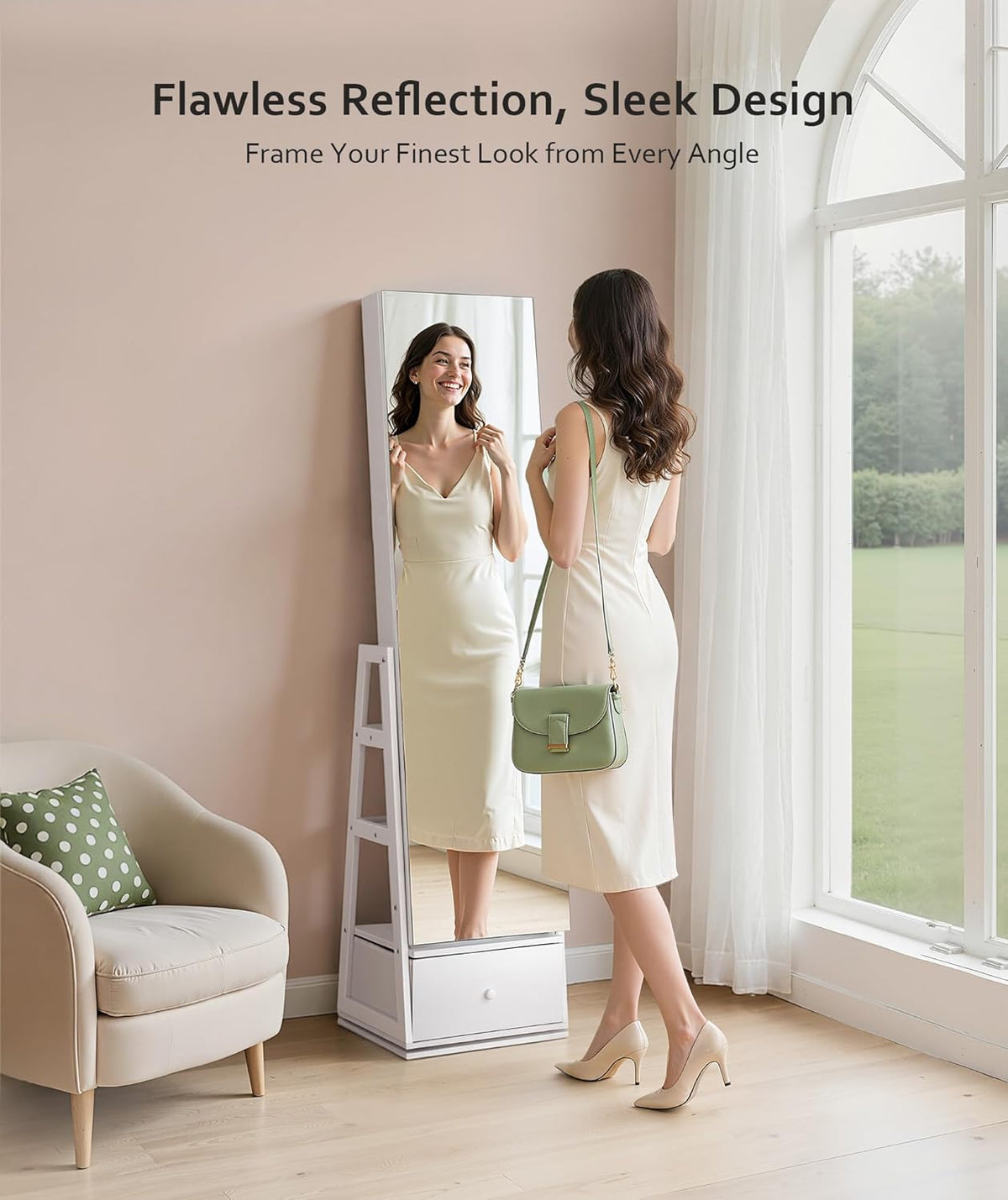 nicetree 360° swivel jewelry cabinet, full length mirror shown in use