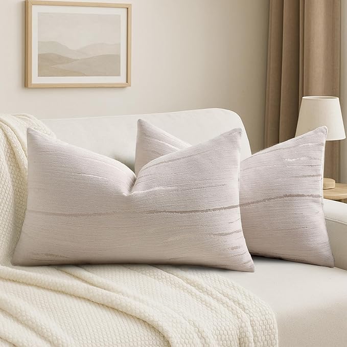 HAUSSY Beige Throw Pillow Covers 12x20 Inch Set of 2, Boho Embossed Striped by HAUSSY