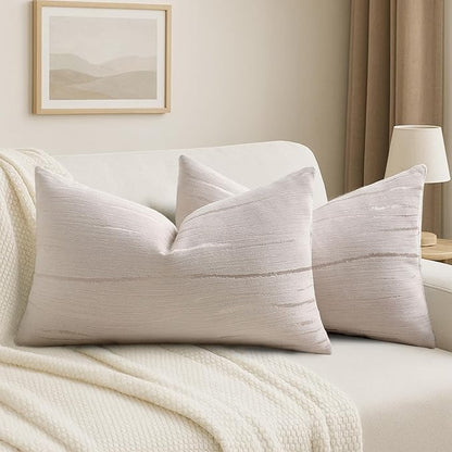HAUSSY Beige Throw Pillow Covers 12x20 Inch Set of 2, Boho Embossed Striped by HAUSSY