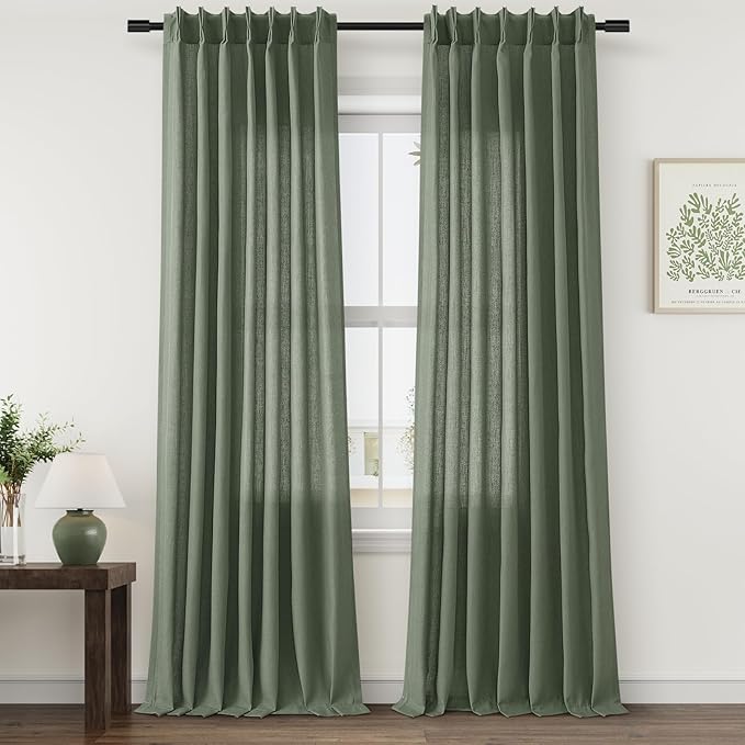 Olive Green Pinch Pleated Linen Curtains 95 Inches Long by Aersas
