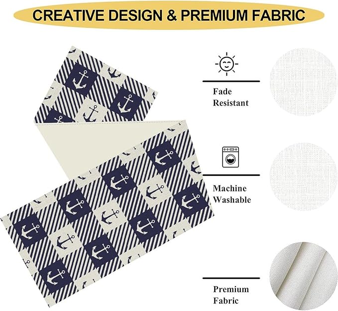 Anchor Table Runner, Nautical Navy Blue Retro Sailing Seasonal Anchor Print - Image 5