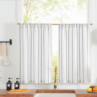 jinchan Linen Striped Kitchen Curtains Tier Cafe Curtains by JINCHAN