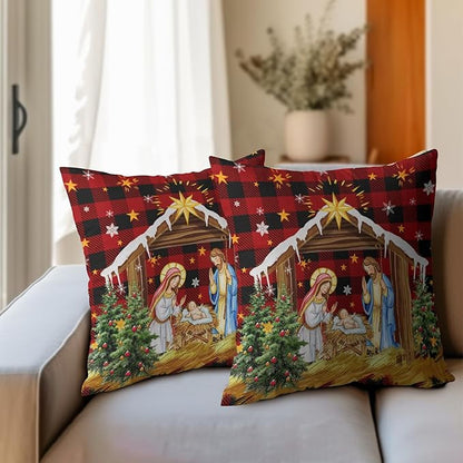 Jesus Nativity Throw Pillow Cover 16x16 Inch Set of 2 Xmas Red Buffalo Plaid - Image 6