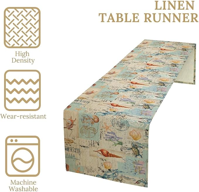 Vintage Seashell Starfish Poster Table Runner Seahorse Newspaper Life Table - Image 5