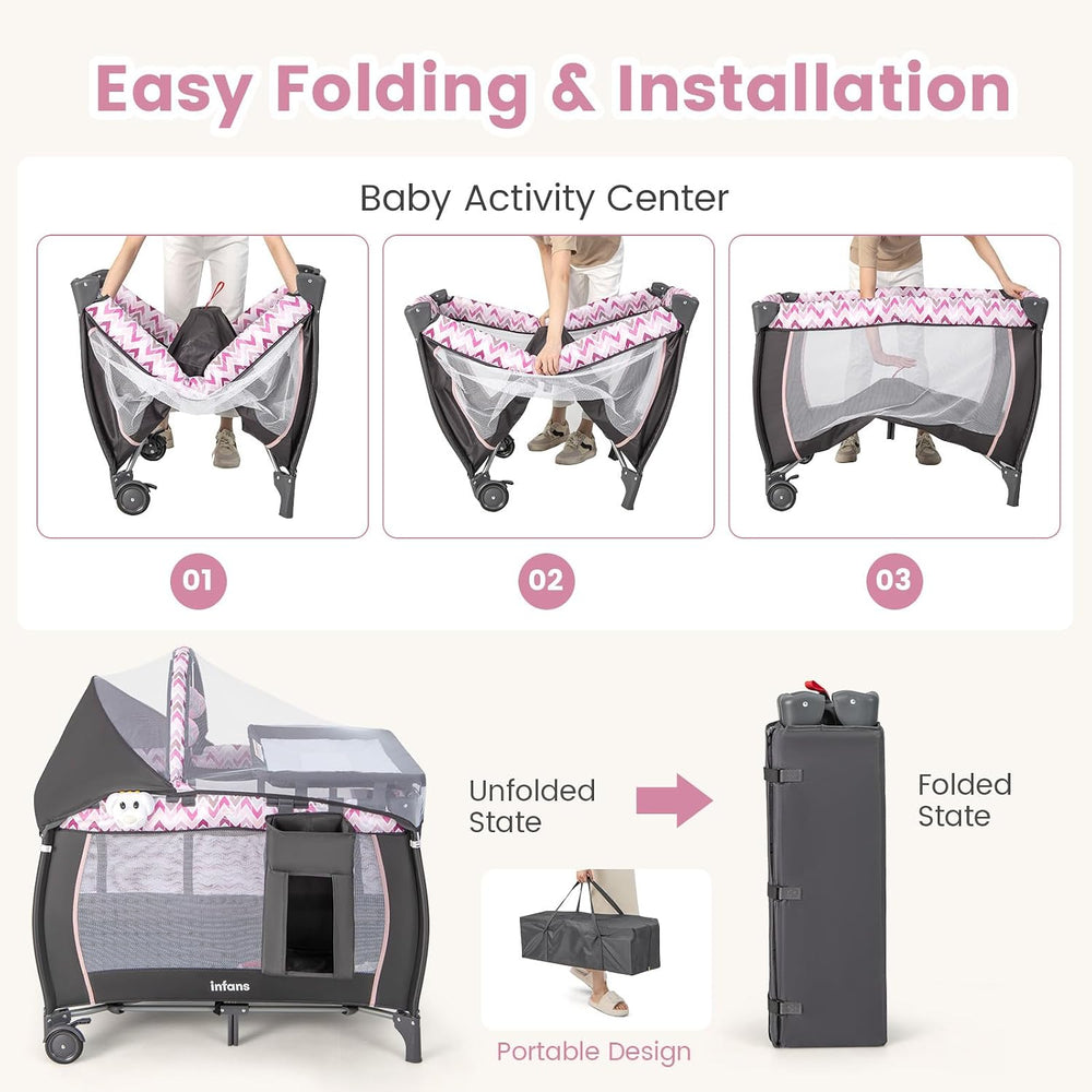INFANS 4 in 1 Pack and Play with Bassinet, Changing Table, Storage Basket