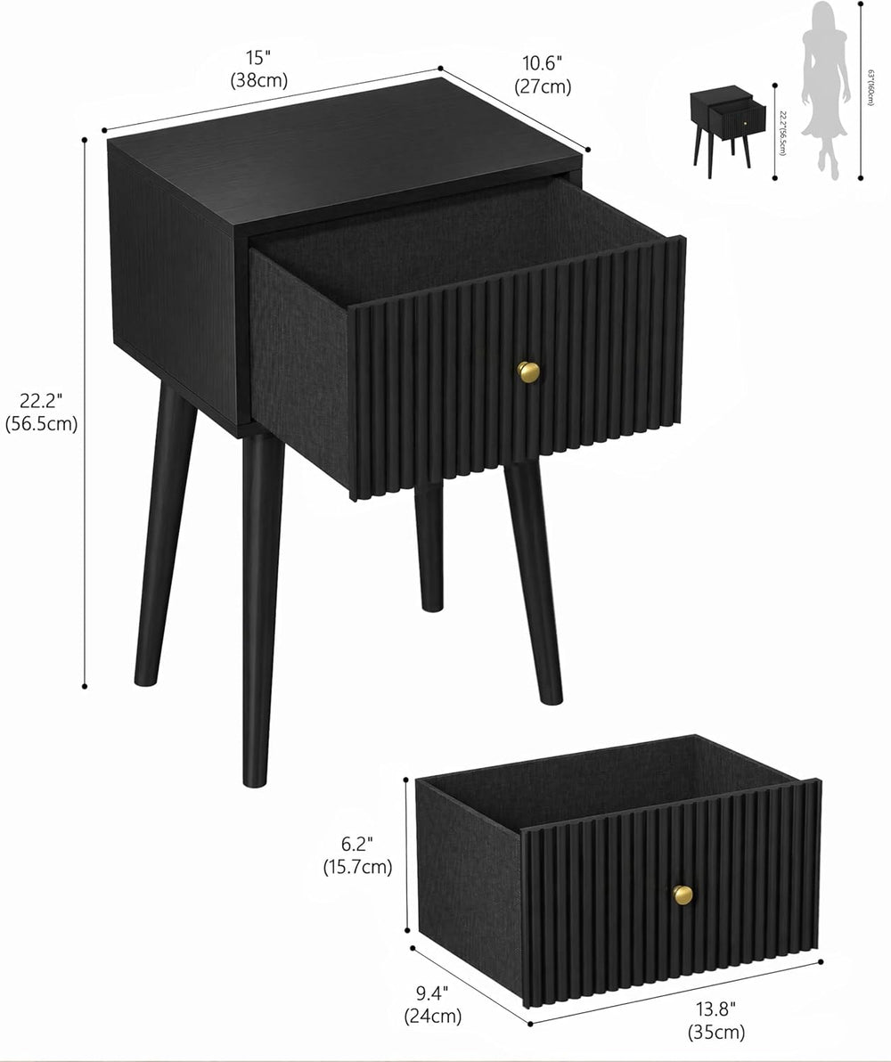 Akxomel Small Nightstand Set 2 Fluted Wooden Nightstands Wood Legs Black