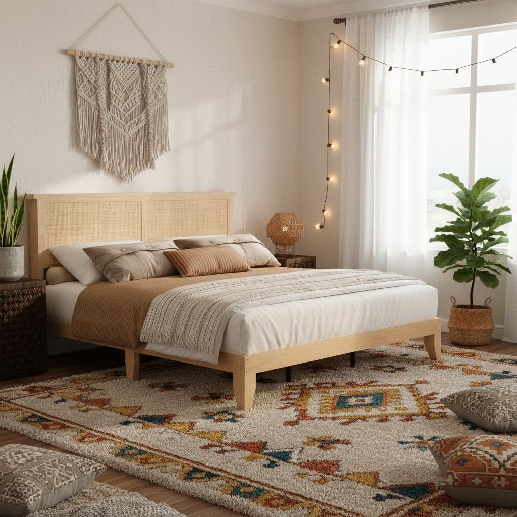 garvee bohemian king rattan bed led natural headboard, main product view