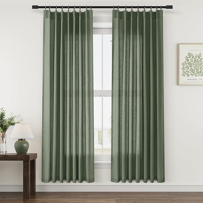 Olive Green Pinch Pleat Linen Curtains 80 Inch Length 2 Panels Set by Aersas