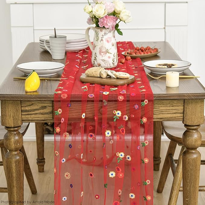 Artoid Mode Red Embroidery Daisy Gauze Table Runner 120 Inch 10FT, Seasonal - Image 2