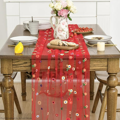 Artoid Mode Red Embroidery Daisy Gauze Table Runner 120 Inch 10FT, Seasonal - Image 2