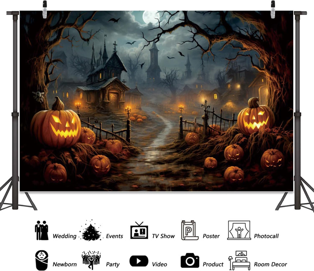 10x8ft Vinyl Horror Halloween Night Backdrop Halloween Pumpkin Withered Tree ...